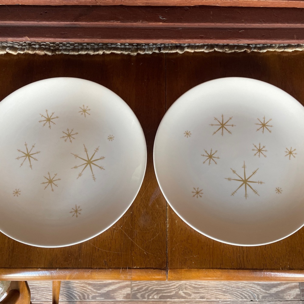 Vintage (2) Royal China Dinnerware plates Star Glow MCM Atomic Starburst set